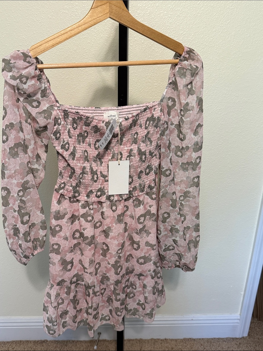 Wilfred🌹Smocked Square-Neck Pink Floral Long-Sleeve Mini Dress